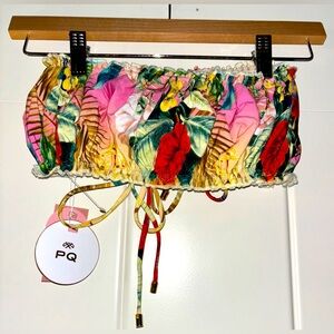 PQ Swim Oasis Remi Ruched Bandeau & Floral Sequin Embroidered Bikini Top Women M
